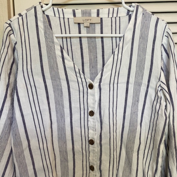 Sold- Loft button down blue white stripe linen top - Picture 3 of 9
